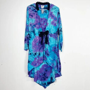 Midnight Velvet Duster Womens Medium Blue Purple Tie Dye Cardigan Shirt